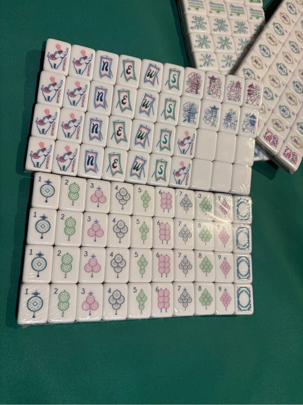 Mahjong Tile Set - White Tiles with Multicolor Designs
